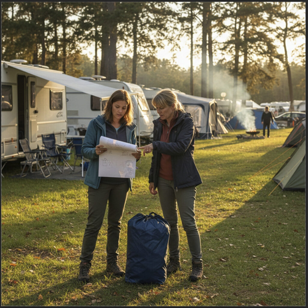 Zeltaufbau mit zwei Frauen auf dem Campingplatz