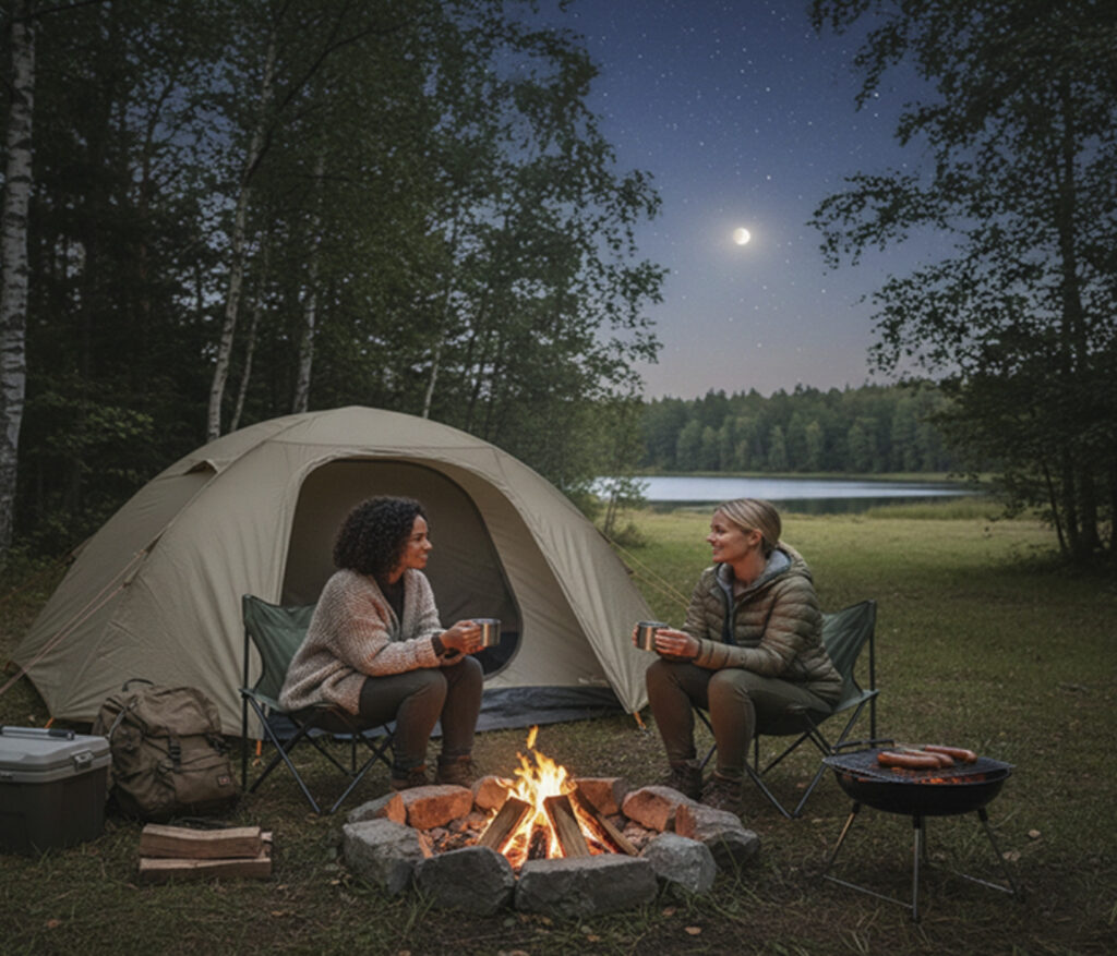 Camping Anfänger,zwei Frauen am Zelt mit Lagerfeuer